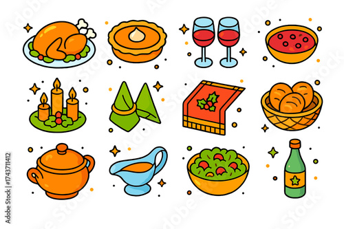Festive Feast Icons Set. Holiday Table. Colorful isometric vector icons set of Holiday Table: roasted turkey platter, pumpkin pie, cranberry sauce dish, wine