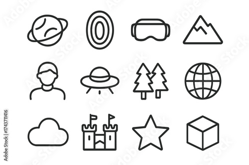 Immersive Icon Set. Immersive worlds. Line outline icon set of immersive worlds: planet, portal, VR headset,