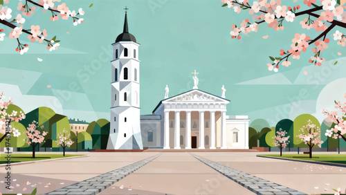 Illustration Of Vilnius Cathedral Building With White Towers And Wide Square In Spring Atmosphere Vector Design Template