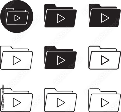 Nine black folder icons with play buttons on transparent background silhouette