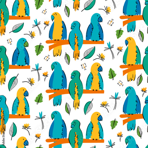 Tropical Parrot Pattern with Bright Leaves and Flowers Playful seamless pattern featuring colorful parrots sitting on branches, surrounded by cheerful flowers and leaves. 