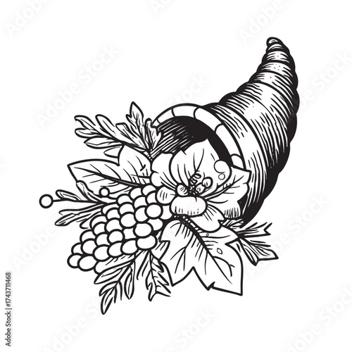  Engraving of a cornucopia overflowing with grapes, leaves, and a flower