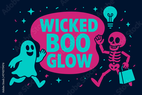 Wicked Boo Glow. Wicked Boo Glow banner, flat vector illustration, bold oversized text inside rounded blob, cartoon characters running and waving, holding