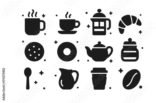 Coffee Break Icons. Coffee Break. Solid icons set of Coffee Break: steaming mug, espresso cup, French press, croissant, cookie, donut, tea pot, sugar jar,