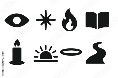 Visionary Icon Set. Visionary. Filled icon set of Visionary: open eye, radiant star, flame, book, candle,