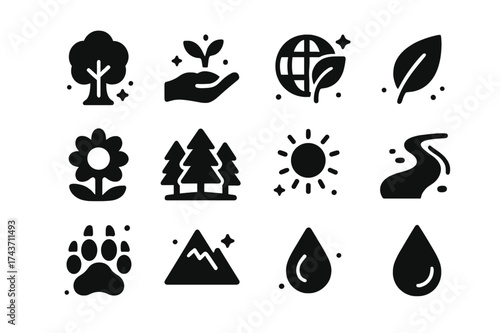 Eco Icons Collection. Planting & Reforestation. Solid icons set of Planting & Reforestation: Tree, Seedling, Hand, Globe, Leaf, Flower, Forest, Sun, River,
