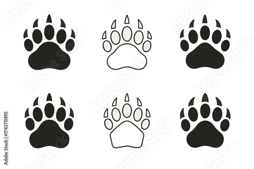 Diverse Bear Tracks. Animal footprints. Set Logo of bear tracks: large paw print with claws. harmonious logo variations of the same emblematic concept, each