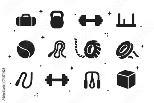 Functional Fitness Icons. Functional Fitness. Solid icons set of Functional Fitness: Sandbag, Kettlebell, Dumbbell, Sled, Medicine Ball, Rope, Tire Flip,