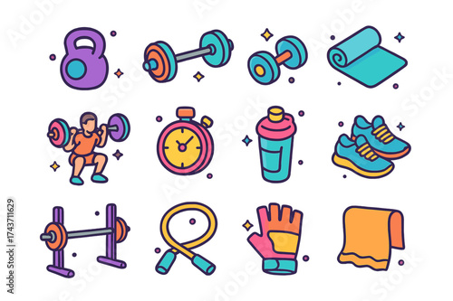 Colorful Weightlifting Icons. Weightlifting session. Colorful isometric vector icons set of weightlifting session: kettlebell, barbell, dumbbells, gym mat,