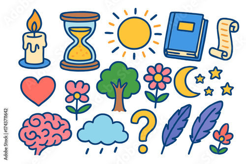 Colorful Existence Symbols. Existence. Colorful Hand-drawn doodle Children illustration Candle, hourglass, book, scroll, feather, tree, sun, moon, star,