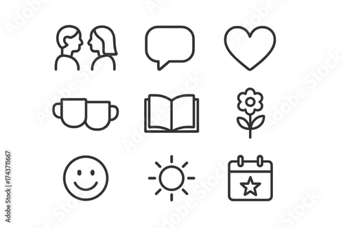 Shared Moments Icons. Shared moments. Line icon set of shared moments: couple talking, speech bubble, heart, coffee mugs, book, flower, smiley face, sun, star,