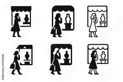 Window Shopping Logos. Window shopping. Set Logo of window shopping: shopper pausing to admire a decorative display. harmonious logo variations of the same