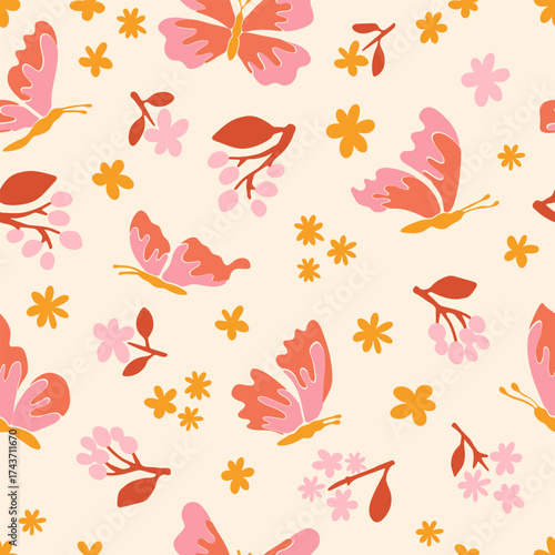 Whimsical Pastel Floral Pattern in Warm Pink and Mustard Tones This cheerful hand-drawn floral pattern features delicate blooms and foliage in soft shades of pink, yellow, orange, and mustard. 