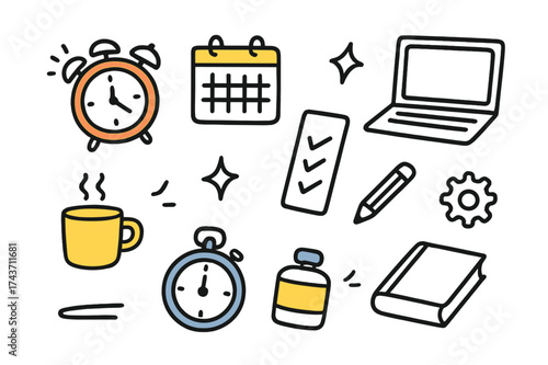 Time Management Essentials. Time Management. Hand-drawn doodle illustration alarm clock (colored), calendar (colored), checklist, laptop, coffee cup (colored),