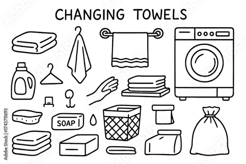 Laundry Day Doodles. Changing Towels. Hand-drawn doodle illustration Changing Towels folded towel, hanging towel, towel rack, basket, washing machine, dryer,