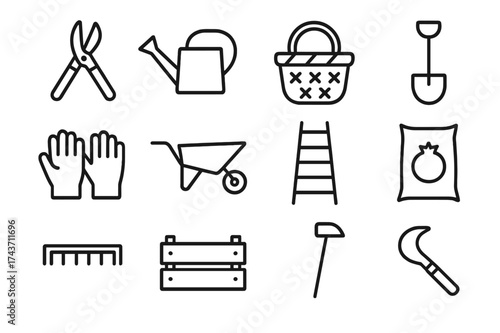 Pomegranate Farming Tools Icons. Pomegranate farming tools. Line icon set of pomegranate farming tools: pruning shears, watering can, basket, spade, gloves,
