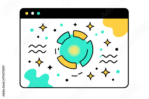 Loading Animation Art. Loading page. A glowing spinning circle on a browser screen, abstract floating dots, stars, and waves symbolizing anticipation and
