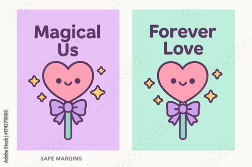 Magical Love Banners. Love. Two vertical A6 banners with safe margins, centered composition, no elements touching edges, kawaii style, lavender and mint, cute