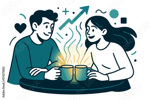 Vibrant Coffee Connection. Shared coffee. Glowing mugs on a table between a couple, abstract floating geometric icons and light beams emphasizing warmth and