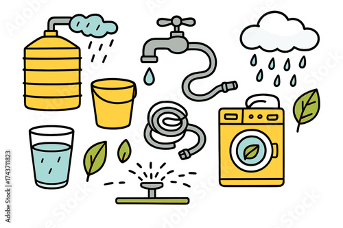 Eco Water Conservation Icons. Water Conservation. Hand-drawn doodle illustration rainwater tank (colored), faucet with droplet, bucket (colored), garden hose,