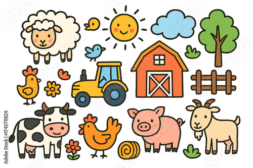 Colorful Farm Doodle. Farm Life. Colorful Hand-drawn doodle Children illustration sheep, cow, pig, goat, chicken, barn, tractor, fence, hay bale, sun, cloud,