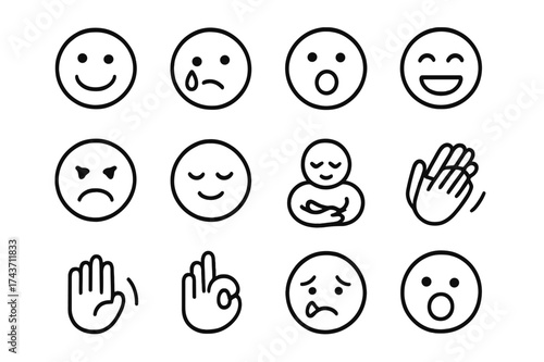 Emotional Icon Set. Emotional Expression. Line icon set of Emotional Expression: smile, tear, shout, laugh, frown, blush, hug, clap, wave, gesture, cry,
