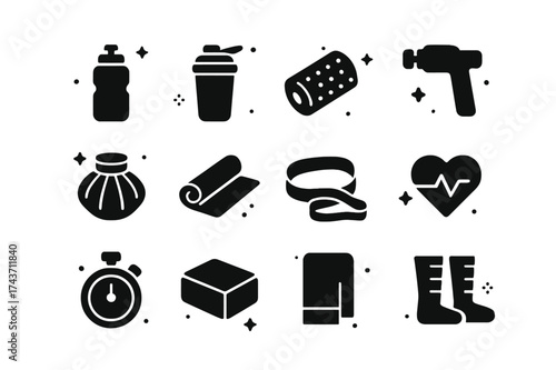 Fitness Recovery Icons. Recovery and training. Solid icons set of water bottle, protein shaker, foam roller, massage gun, ice pack, stretching mat, resistance