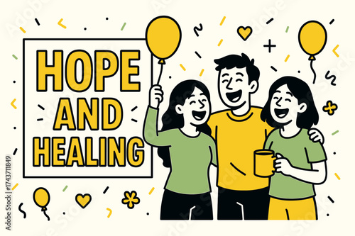 Joyful Healing Celebration. Hope and Healing banner, flat vector illustration, bold oversized text inside rectangular frame, cartoon characters standing and