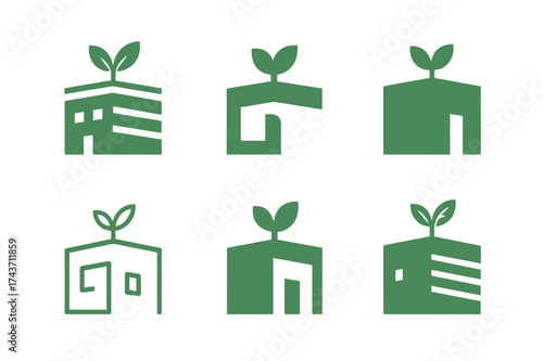 Rooftop Garden Logos. Flat roof. Set Logo of Architecture: rooftop with garden icon. harmonious logo variations of the same emblematic concept, each with