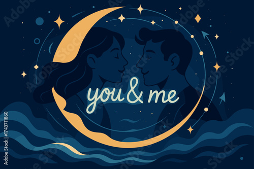 Celestial Connection. Moonlit promise. Faces outlined by a crescent moon, soft waves and constellations
