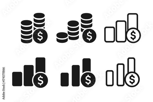 Coin Bar Chart Logos. Business pricing strategies. Set Logo of Business pricing strategies: stacked coins forming a bar chart. harmonious logo variations of