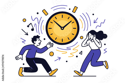 Rhythmic Time Illusion. Silent room focus. Glowing clock with abstract floating tick marks and geometric sound waves emphasizing rhythmic ticking in a quiet
