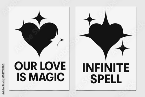 Bauhaus Love Magic. Intimacy. Two vertical A6 banners with safe margins, centered composition, no elements touching edges, bauhaus style, black and white,