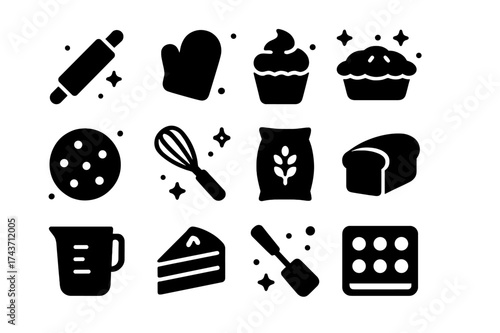 Baking Icon Set. Baking. Solid icons set of Baking: rolling pin, oven mitt, cupcake, pie, cookie, whisk, flour bag, bread loaf, measuring cup, cake slice,