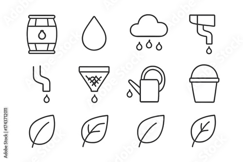 Rainwater Collection Icons. Rainwater collection. Line icon set of rainwater collection: rain barrel, droplet, rain cloud, gutter pipe, downspout, filter,