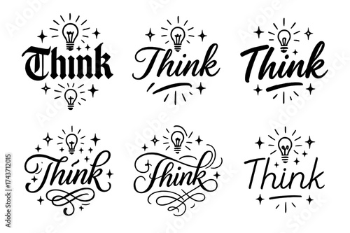 Calligraphy Style Variations. Think. Create a calligraphy lettering illustration of the phrase: Think. Render