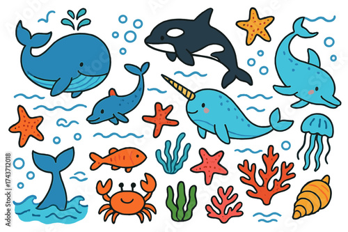 Colorful Marine Life Doodle. Whales. Colorful Hand-drawn doodle Children illustration Blue whale, orca, narwhal, tail fin, dolphin, fish, waves, starfish,