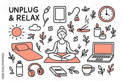 Unplugged Serenity Icons. Unplug & Relax. Hand-drawn doodle illustration unplug & relax smartphone (accented), tablet, laptop (accented), meditation mat, yoga
