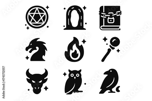 Mystical Icons Collection. Summoning magic spells. Solid icons set of magic circle, portal, chained book, scroll, dragon silhouette, spirit flame, magic staff,