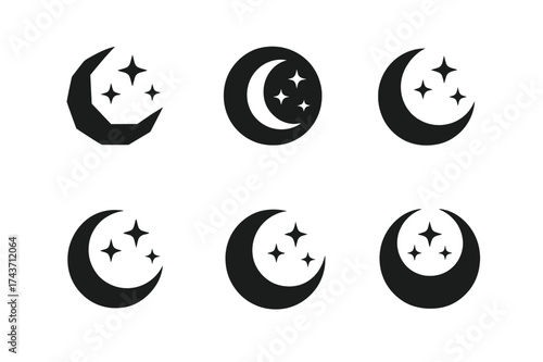 Moon-Star Logo Variations. Letting go of stress from the day. Set Logo of moon and stars: night sky symbol of calmness and rest. harmonious logo variations of