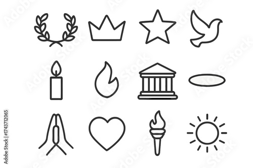 Revered Icons Collection. Revered. Line outline icon set of Revered: laurel wreath, crown, star, dove, candle,