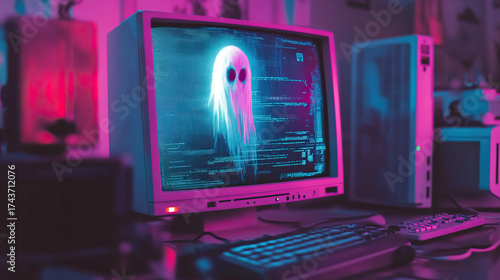 Glitchy, translucent digital ghost trapped inside an old CRT computer monitor, trying to reach out