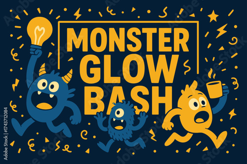 Monster Glow Bash. Monster Glow Bash banner, flat vector illustration, bold oversized text inside rectangular frame, cartoon characters running and shouting,