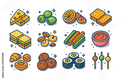 Colorful Snack Platter Icons. Snack platter. Colorful isometric vector icons set of snack platter: cheese slices, olives, fruit slices, crackers,
