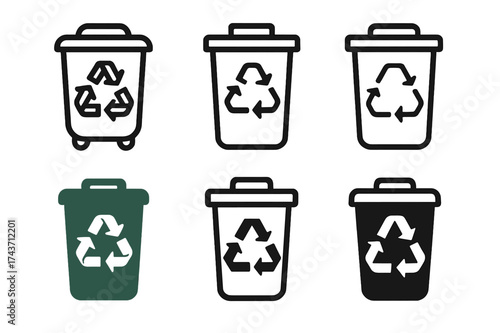 Recycling Bin Logos. Municipal services improvement. Set Logo of recycling bin: waste management symbol with recycling arrows. harmonious logo variations of