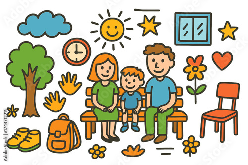 Colorful Family Doodle. Waiting Outside. Colorful Hand-drawn doodle Children illustration bench, tree, cloud, clock, family, bag, chair, sun, flower, star,