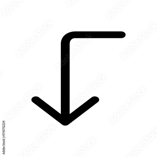 Black arrow pointing down with a right angle turn on a white background in a simple vector graphic