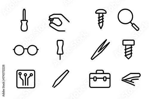 Precision Grip Icons. Precision grip. Line icon set of precision grip: small screwdriver, hand icon, screw, magnifying glass, eyeglasses, handle, tweezers,