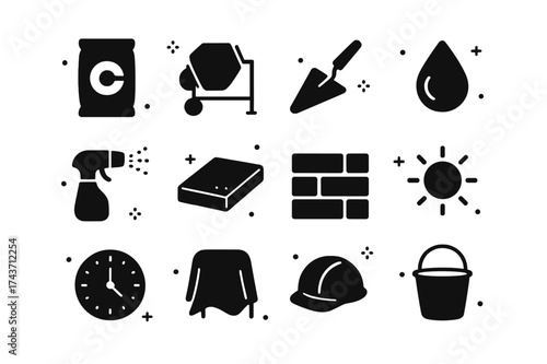 Concrete Curing Icons. Concrete curing process. Solid icons set of Concrete curing process: cement bag, concrete mixer, trowel, water drop, spray nozzle, slab,