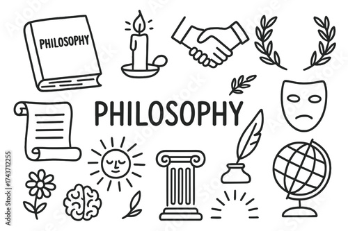 Philosophy Symbols Doodle. Philosophy. Hand-drawn doodle illustration philosophy book, scroll, candle, quill, handshake, laurel wreath, mask, sun, flower,